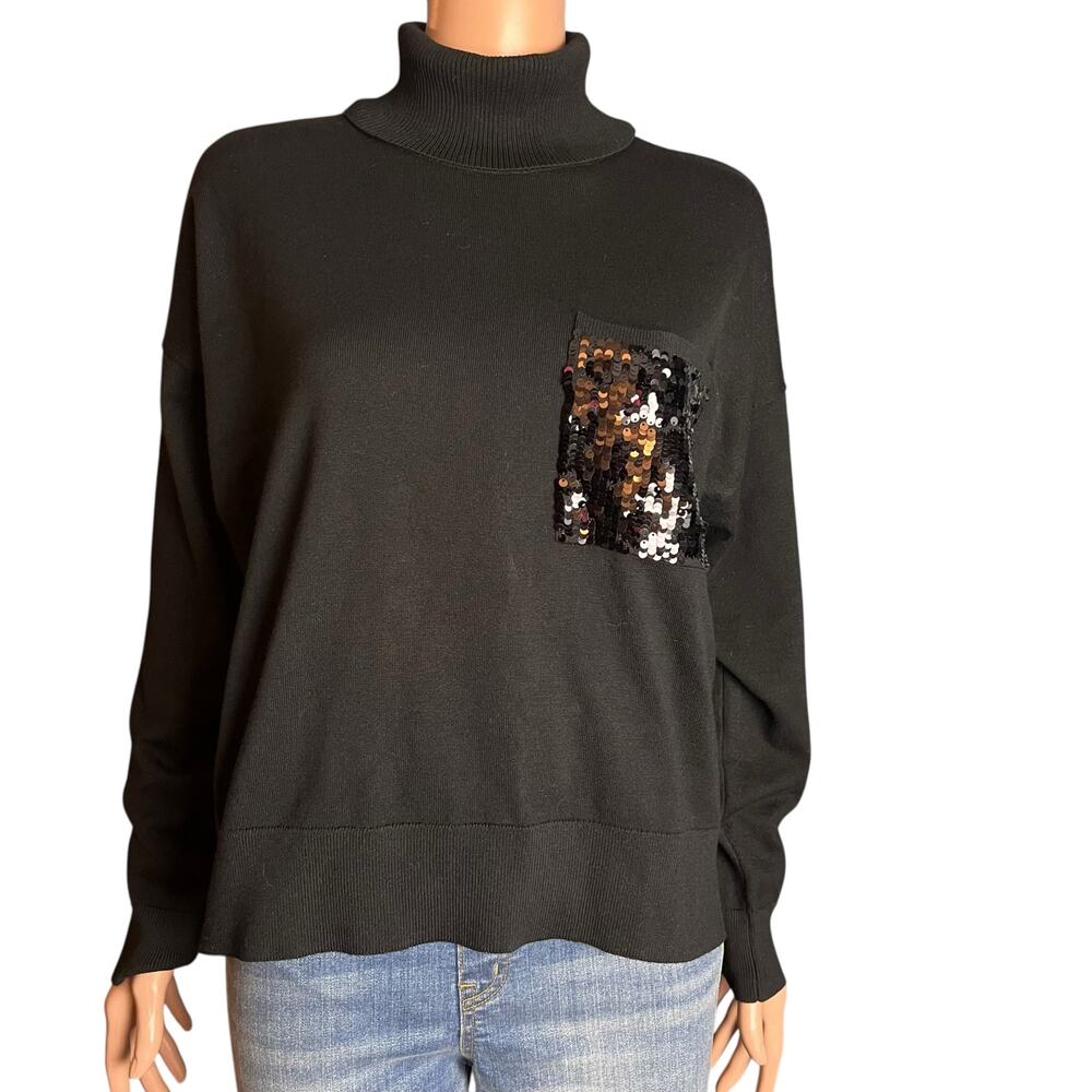 DKNY Black Turtleneck With Sequined Pocket Medium Comfy Glam Quiet Luxury
